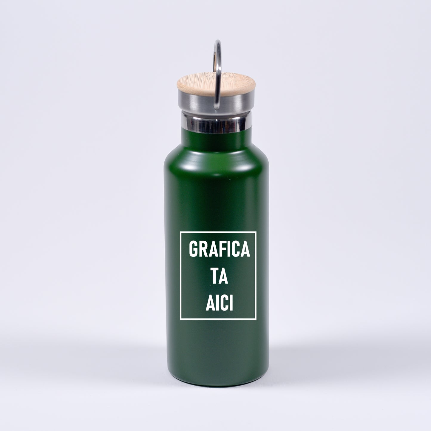 termos personalizabil verde cu capac aluminiu si lemn