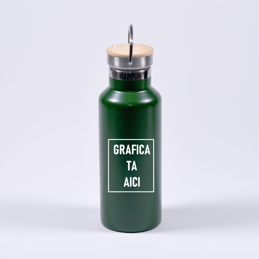 termos personalizabil verde cu capac aluminiu si lemn
