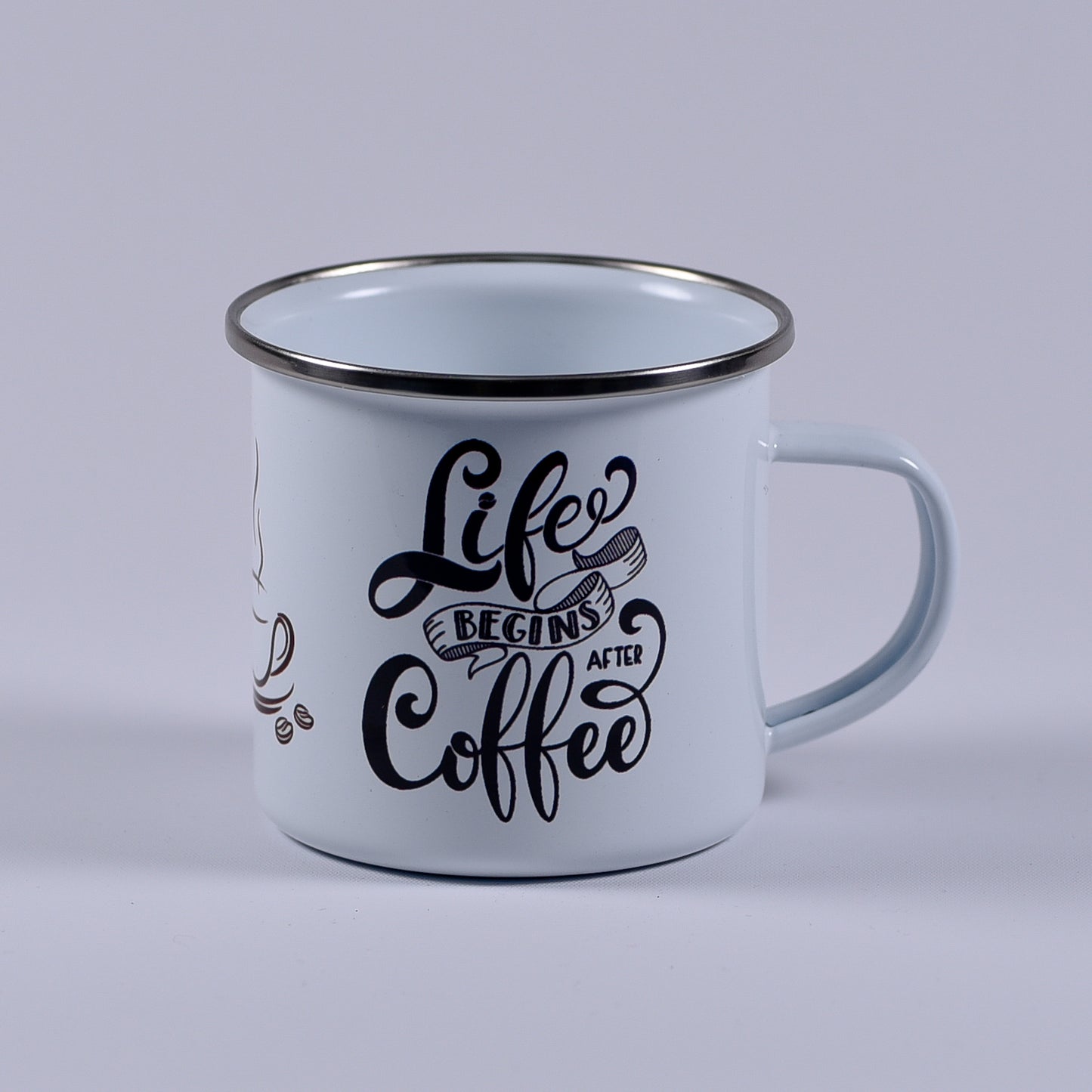 cana emailata alba cu scris de mana negru life begins after coffee