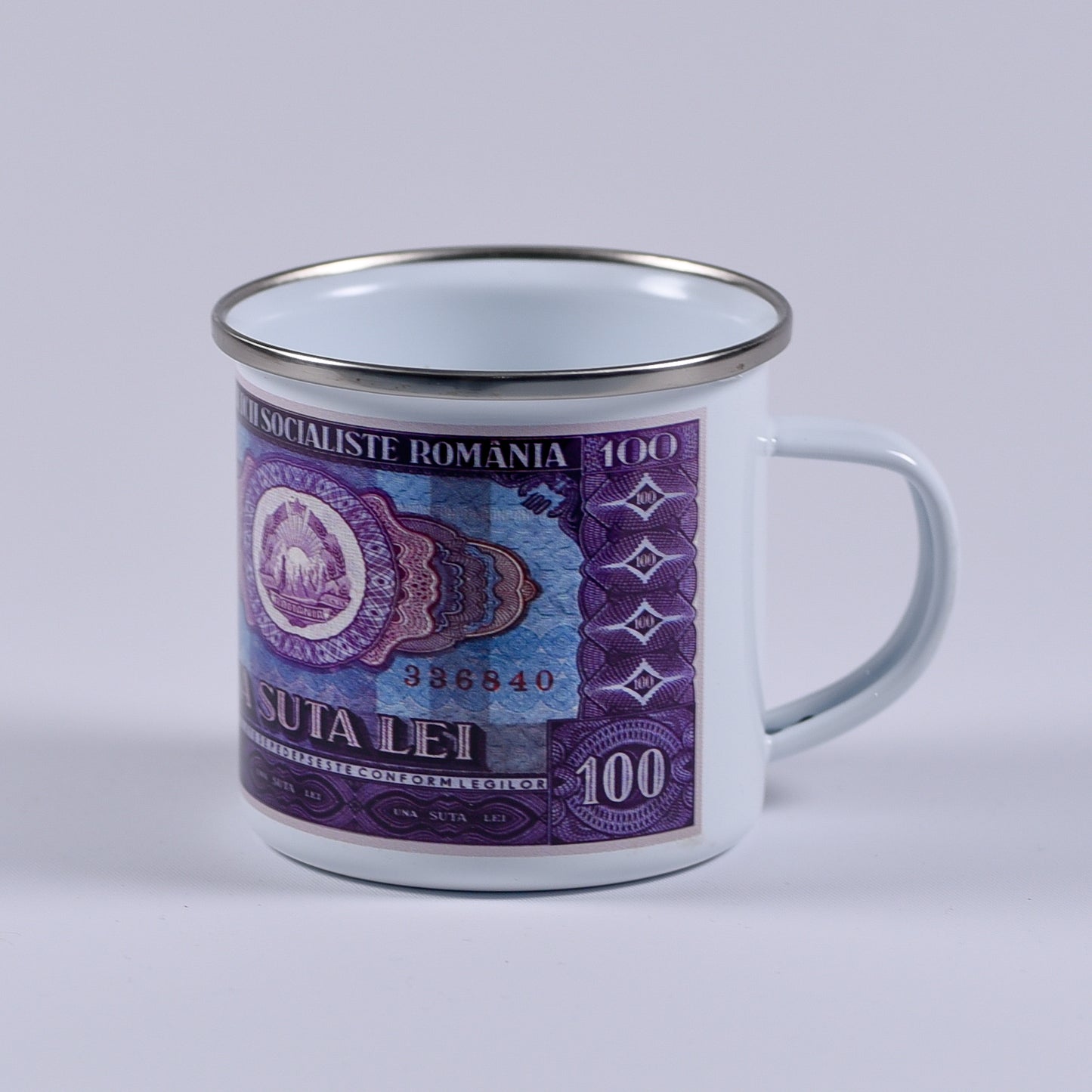 cana emailata cu design bancnota 100 lei