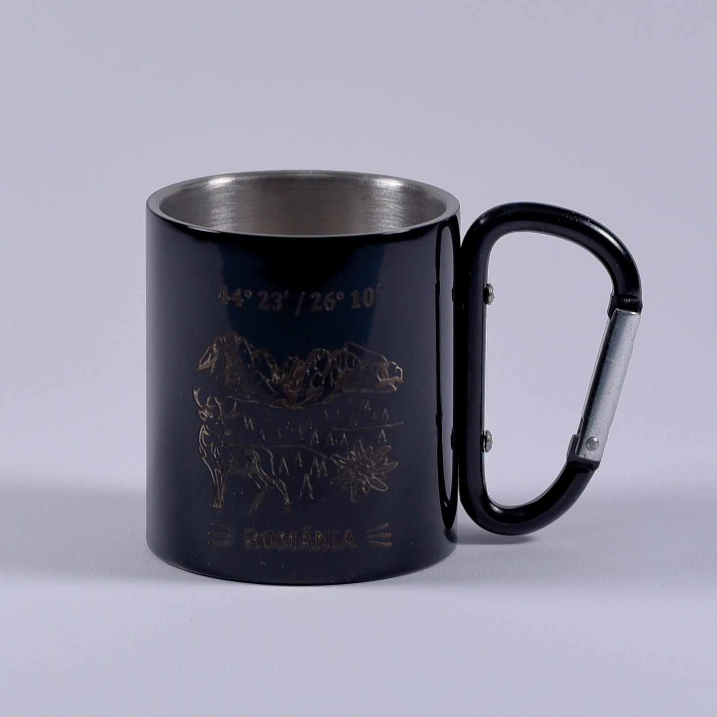 cana metalica cu carabiner negru cu grafica